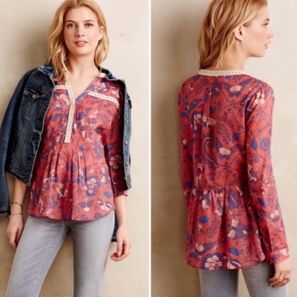 Maeve x‎ Anthropologie Abella Floral & Butterfly Crochet Pintuck Tunic Blouse 2